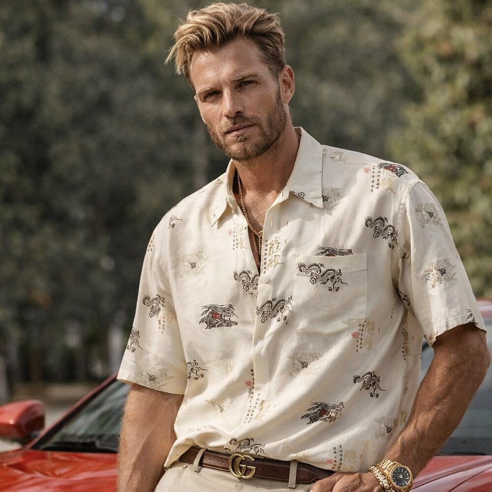 Versace Dolm Oriental Serpentine Dragon Short Sleeve Button Down Shirt, XXXL